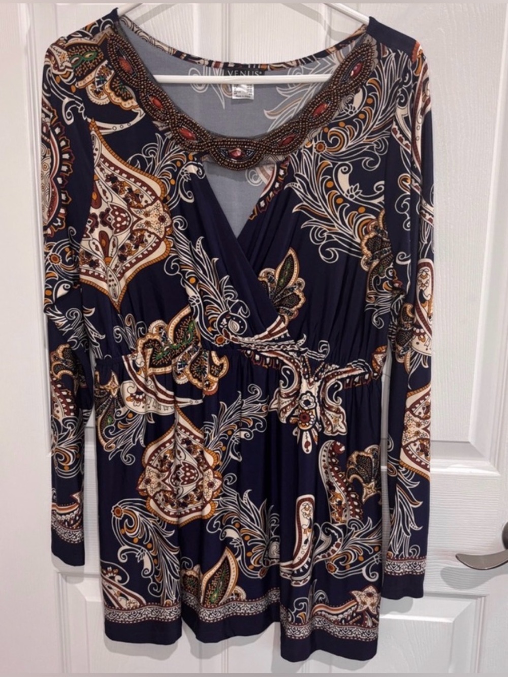 VENUS Navy, Cream & Brown Paisley Blouse with Decorative‎ Neckline